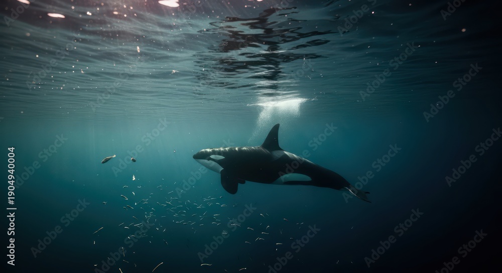 Naklejka premium Majestic Orca Swimming Gracefully in the Deep Blue Ocean Waters.