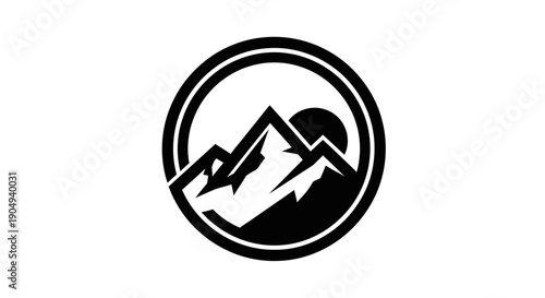 Majestic Mountain Peaks and Sun Landscape in Circle Frame, Outdoor Adventure Emblem, Isolated White Background