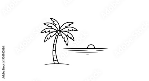 Minimalist Line Art Palm Tree on Island with Ocean Horizon and Sunset, Simple Tropical Beach Icon, Isolated White Background