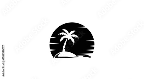 Tropical Island with Palm Tree and Ocean Horizon Silhouette in Circle Frame on Isolated White Background