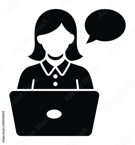 Vector image of a woman using a laptop with a speech bubble.