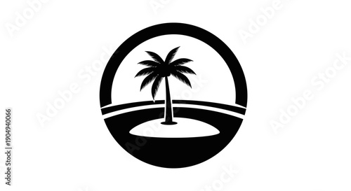 Minimalist Palm Tree on Island with Ocean Horizon in Circle Frame, Tropical Icon, Isolated White Background