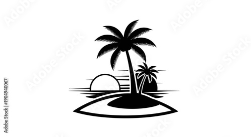 Tropical Island with Palm Trees and Sunset or Sunrise Horizon, Beach Vacation Emblem, Isolated White Background
