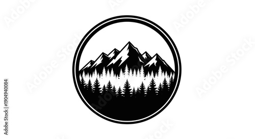Expansive Mountain Range with Dense Pine Forest in Circle Frame, Outdoor Nature Emblem, Isolated White Background