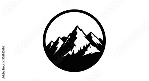 Scenic Mountain Landscape with Rising Sun Silhouette in Circle Frame on Isolated White Background