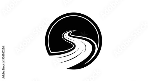 Abstract winding road path in circle, isolated white background.