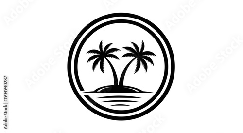 Classic Tropical Island with Two Palm Trees Over Calm Water in Circle Frame, Isolated White Background