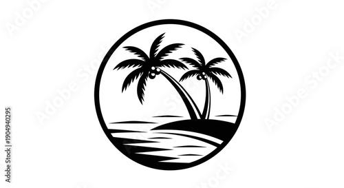 Tropical Island Landscape with Two Palm Trees and Ocean Waves in Circle Frame, Isolated White Background