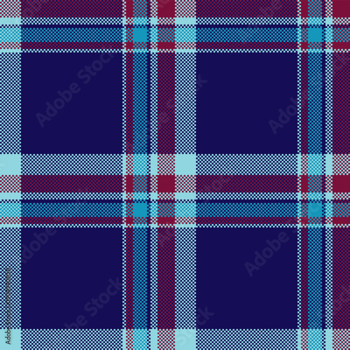 Finish plaid fabric tartan, 30s textile vector background. Multicolored seamless check texture pattern in indigo and cyan colors.