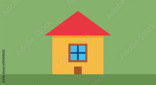 Yellow house with red roof on green lawn.