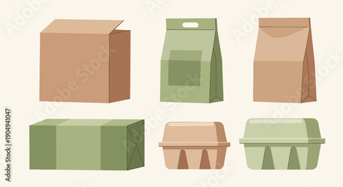 Eco-friendly packaging options set biodegradable containers craft paper bags.