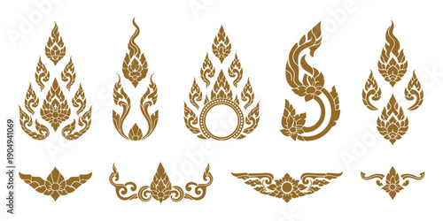 Golden Vintage Thai Decoration Collection with Traditional Flame Motifs, Lotus Shapes, Floral Ornaments, and Elegant Cultural Border Designs for Luxury Branding, Packaging, Invitations, and Layouts