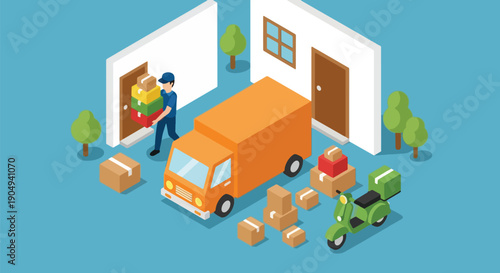 Home delivery service orange truck and packages.