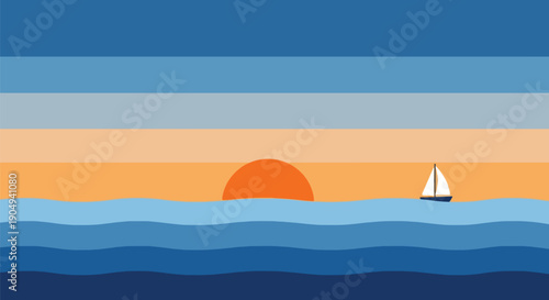 Sailboat at serene sunset over ocean waves.