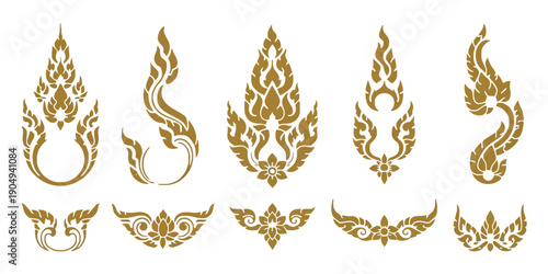 Golden Vintage Thai Decoration Collection with Traditional Flame Motifs, Lotus Shapes, Floral Ornaments, and Elegant Cultural Border Designs for Luxury Branding, Packaging, Invitations, and Layouts