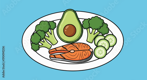 Healthy meal with salmon avocado broccoli cucumber on plate.