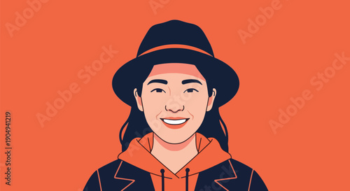smiling young woman wearing hat and jacket.