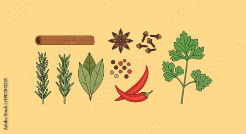 Spices and Herbs Set on Yellow Background.