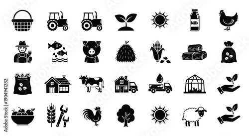 The farm icon set depicts agriculture and livestock symbols.