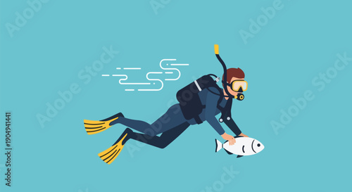 Scuba diver holding fish underwater.