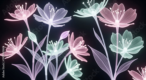Ethereal glowing flowers in soft pastel colors on dark background