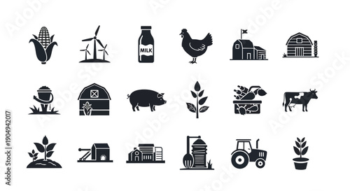 Agriculture icons depict farm animals and cultivation.