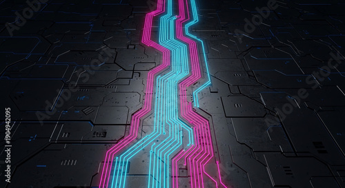 Vibrant neon circuit board with pink and blue glowing lines on dark metallic background