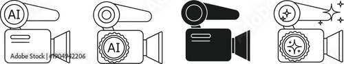 Set of four video camera icons, including AI-enhanced and special effects versions, in both outline and solid black styles