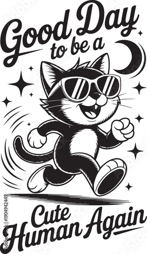 Retro Cartoon Cat Running Night Sky Art