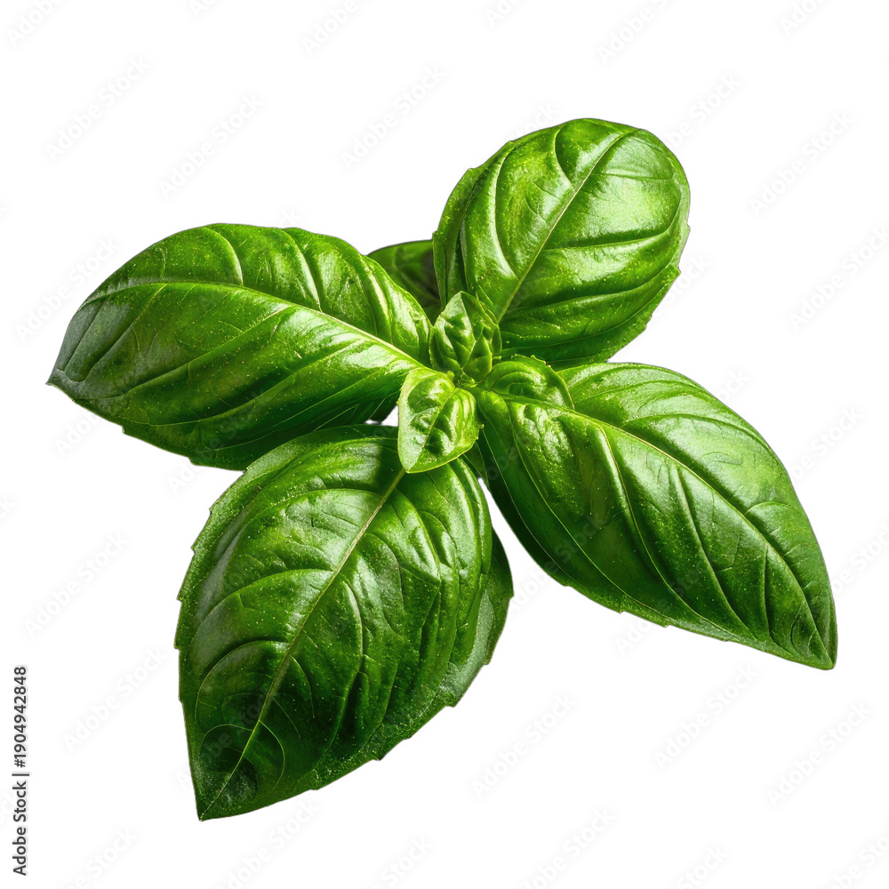 Fototapeta premium Fresh, vibrant basil sprig with large, smooth, glossy leaves against a black background