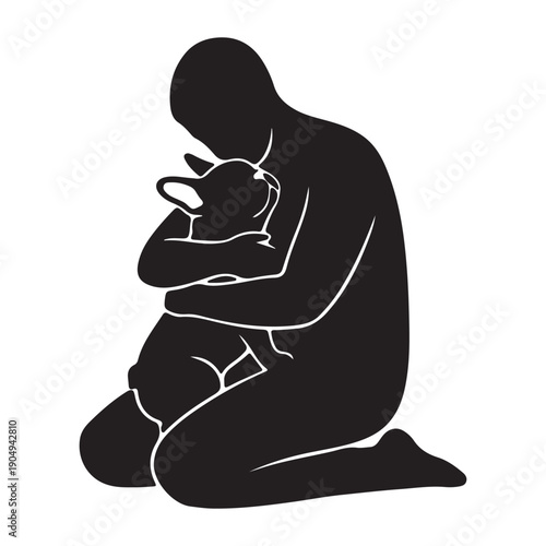 Minimalist Vector Silhouette of Person Kneeling and Hugging a French Bulldog