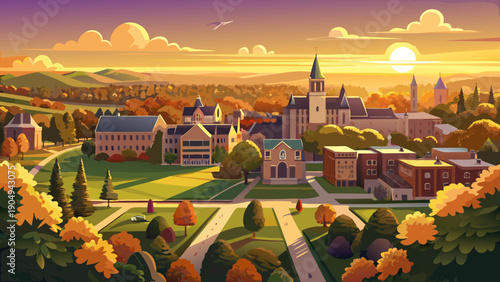 Very beautiful drone sunrise over Princeton, New Jersey, capturing warm light across historic university buildings, tree-lined streets, and the calm rhythm of an academic town awakening.