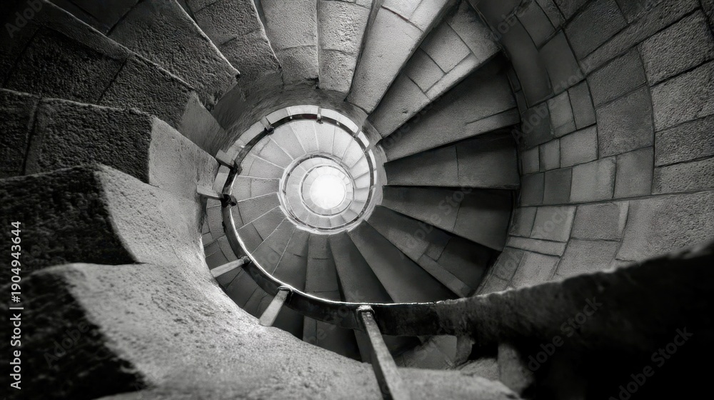 Fototapeta premium Spiral staircase leading to a bright light source at the top in a historic stone building showcasing intricate architecture and design