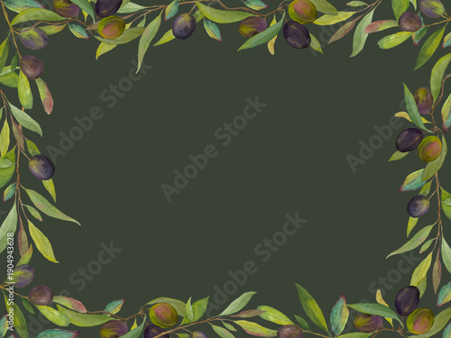 Watercolor Olive Rectangular Border with Botanical Branches on dark green background