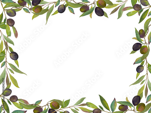 Watercolor Olive Rectangular Border with Botanical Branches