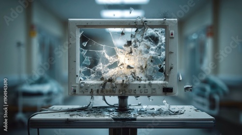 Broken hospital monitor in healthcare facility demonstrating impact of technology failure on patient care and safety protocols in a clinical environment