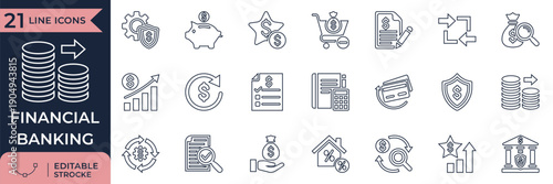 Financial Banking and Money Management Line Icon Set