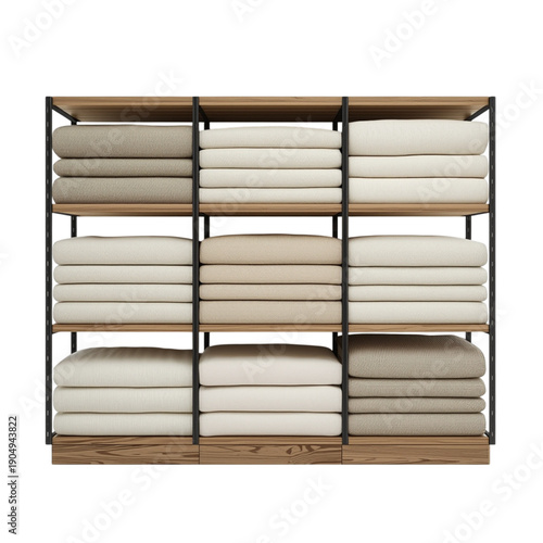 Wallpaper Mural A neatly organized wooden shelving unit with stacks of folded towels in various shades of white and beige against a black background Torontodigital.ca