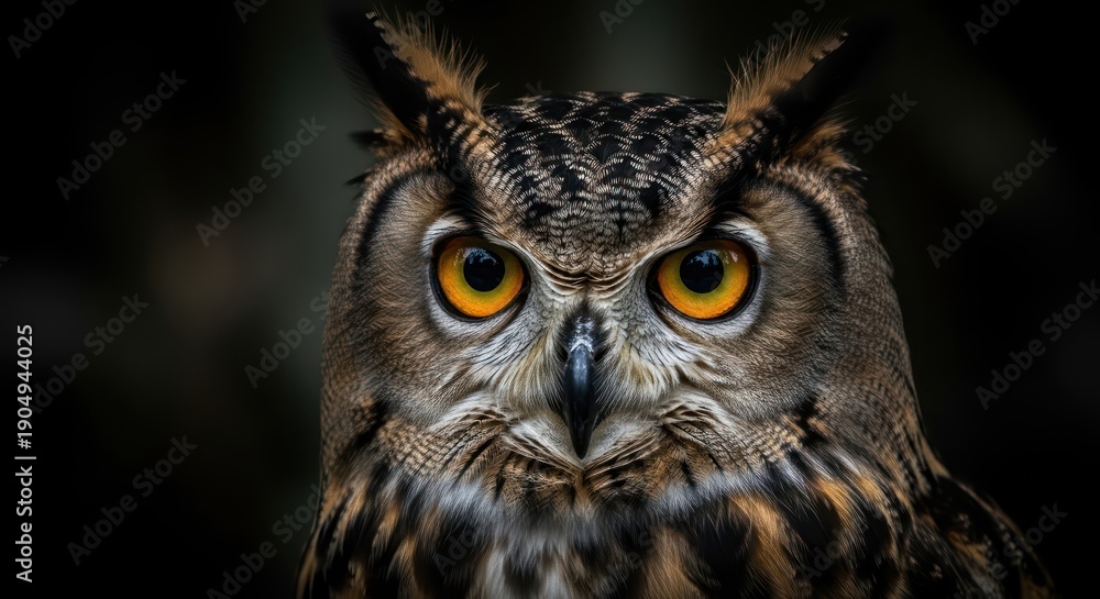 Obraz premium Close-up of a majestic Eurasian Eagle-Owl with piercing orange eyes staring intently.