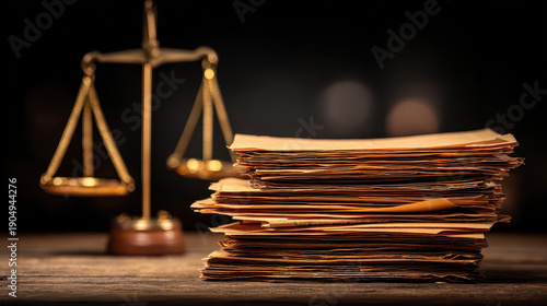 Legal scale next to stack of brown legal folders on wooden desk in dimly lit room with blurred background professional law concept