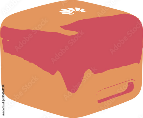 Orange cube with red splotch and white