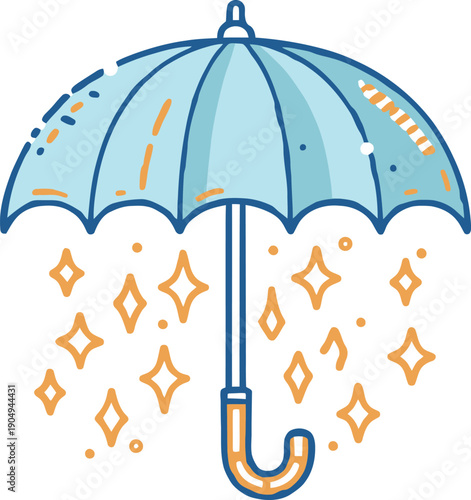 Light blue umbrella with yellow sparkles and raindrops