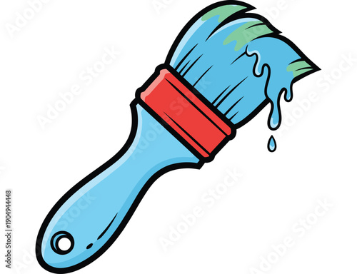 Blue paintbrush with red band and dripping paint