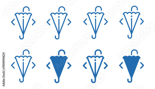Blue umbrella in different states rainy weather symbols