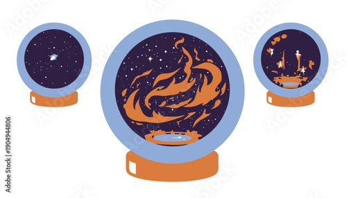 Three crystal balls with celestial space stars