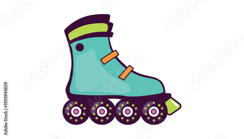 Teal roller skate with purple wheels and orange buckles