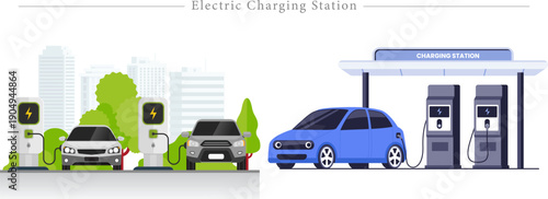 Electric Vehicle Charging Station Vector Green City Infrastructure and EV Mobility in Flat Design
