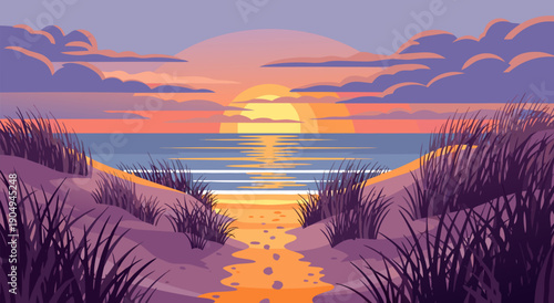 Vector illustration of a beautiful beach sunset with dunes and ocean view, serene and tranquil atmosphere