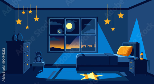 Dreamy Bedroom Scene Vector Illustration with Starry Night Sky and Crescent Moon, evoking a sense of peace and wonder in a child's or adult's cozy sanctuary