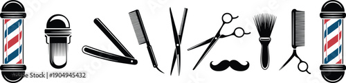 Barber, grooming, haircut, shaving, pole, razor, clipper, comb, scissors, mustache, brush, icon, vector, illustration, sketch, outline, design, graphic, stylized, tool